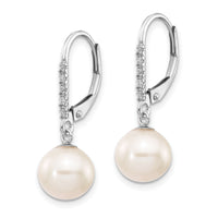 14k White Gold 8-9mm Round FWC Pearl .05ct Diamond Leverback Earrings-XF571