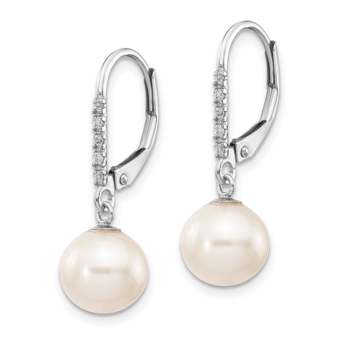 14k White Gold 8-9mm Round FWC Pearl .05ct Diamond Leverback Earrings-XF571