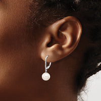 14k White Gold 8-9mm Round FWC Pearl .05ct Diamond Leverback Earrings-XF571