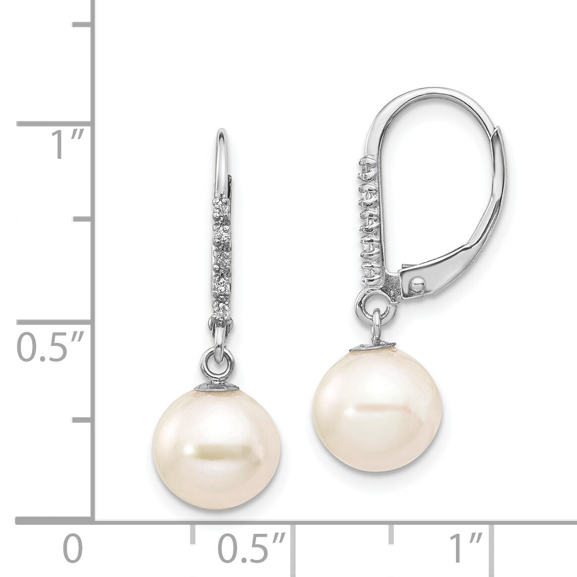 14k White Gold 8-9mm Round FWC Pearl .05ct Diamond Leverback Earrings-XF571