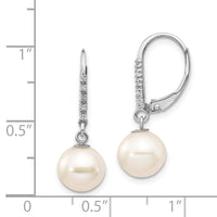 14k White Gold 8-9mm Round FWC Pearl .05ct Diamond Leverback Earrings-XF571