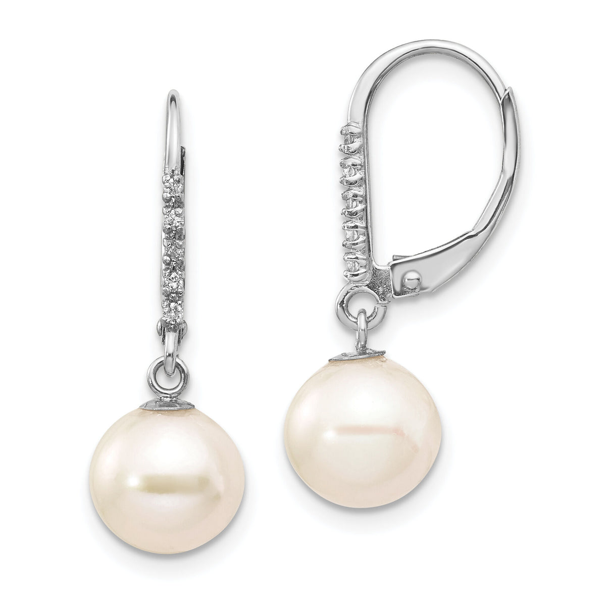 14k White Gold 8-9mm Round FWC Pearl .05ct Diamond Leverback Earrings-XF571
