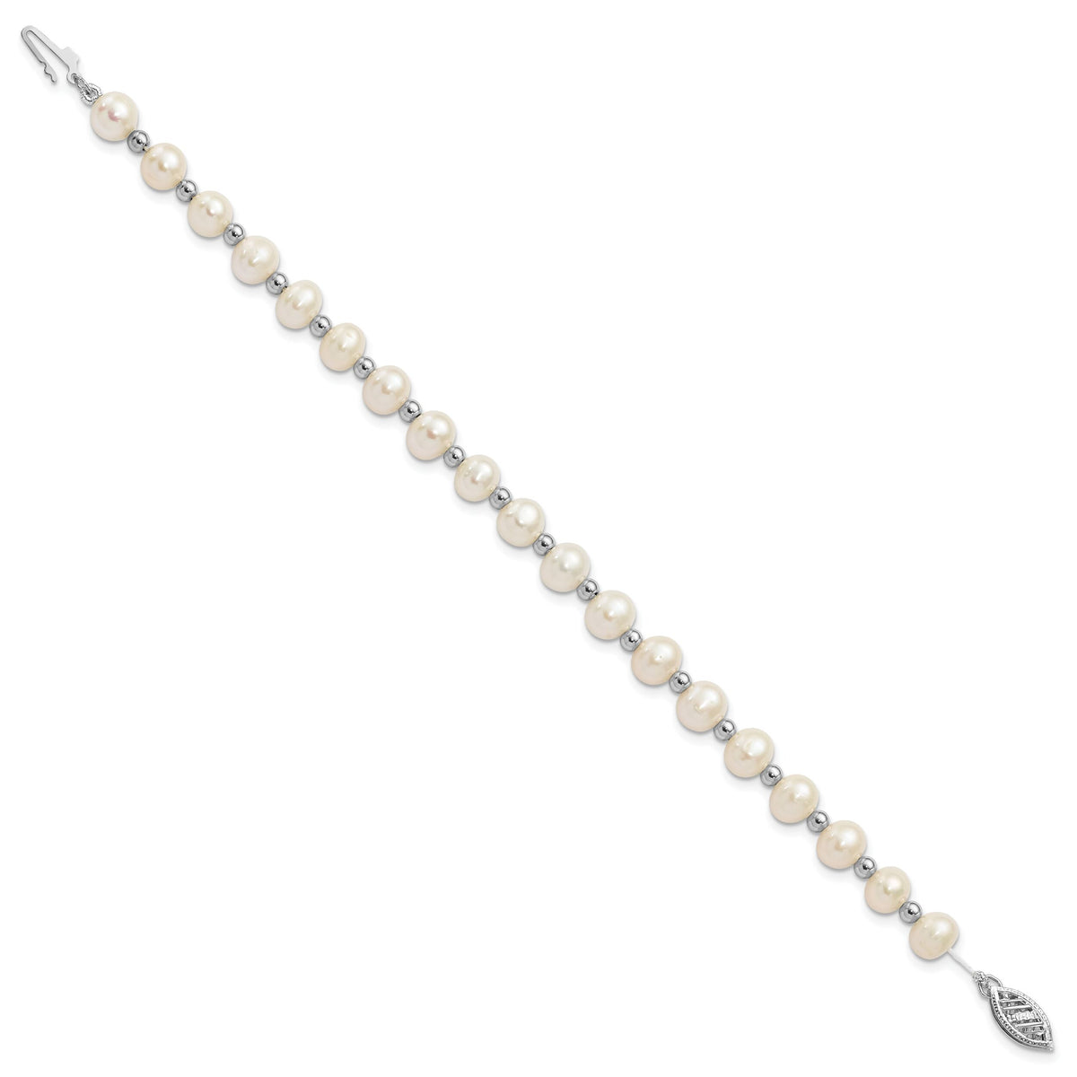 14k White Gold 6-7mm White Near Round FW Cultured Pearl Bead Bracelet-XF572-7
