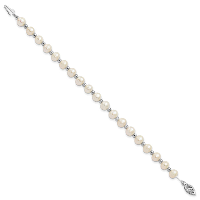 14k White Gold 6-7mm White Near Round FW Cultured Pearl Bead Bracelet-XF572-7
