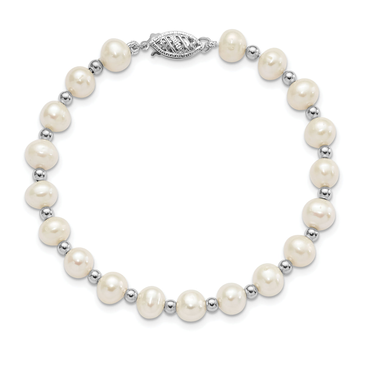 14k White Gold 6-7mm White Near Round FW Cultured Pearl Bead Bracelet-XF572-7