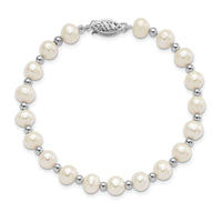 14k White Gold 6-7mm White Near Round FW Cultured Pearl Bead Bracelet-XF572-7