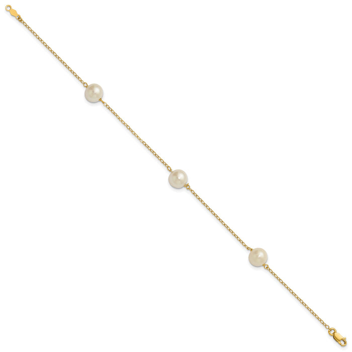 14K 7-8mm White Near Round Freshwater Cultured Pearl 3-station Bracelet-XF588-7.25