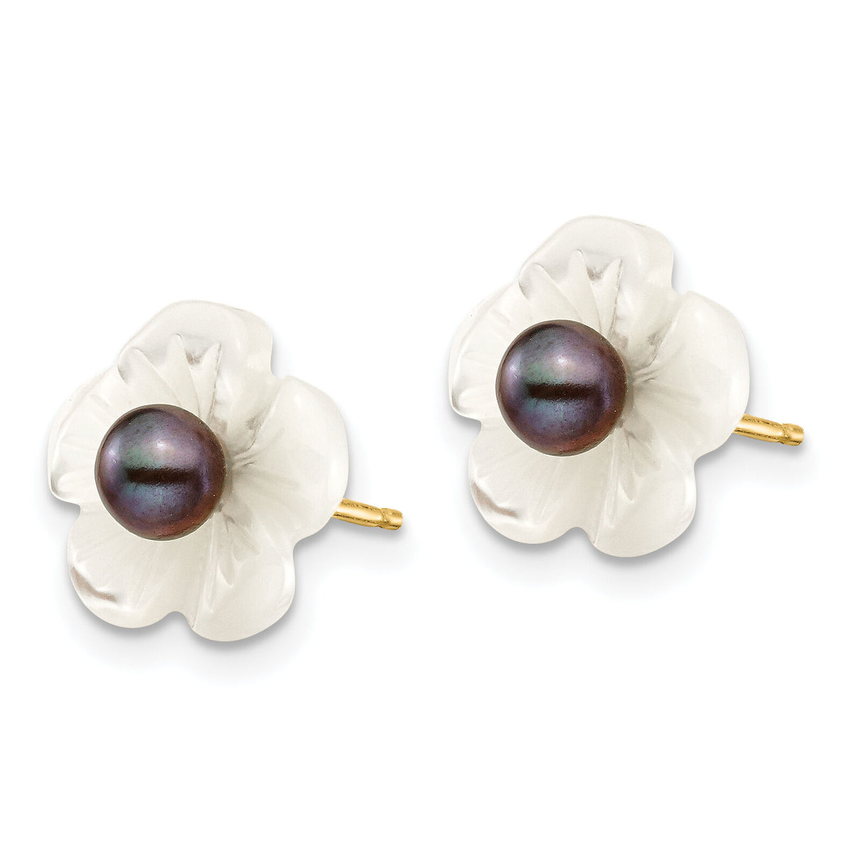 14k 3-4mm Black FW Cultured Pearl w/10 mm MOP Flower Post Earrings-XF592EB