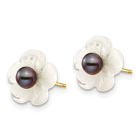 14k 3-4mm Black FW Cultured Pearl w/10 mm MOP Flower Post Earrings-XF592EB