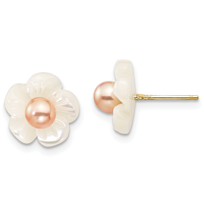14k 3-4mm Pink FW Cultured Pearl w/10mm MOP Flower Post Earrings-XF592EP
