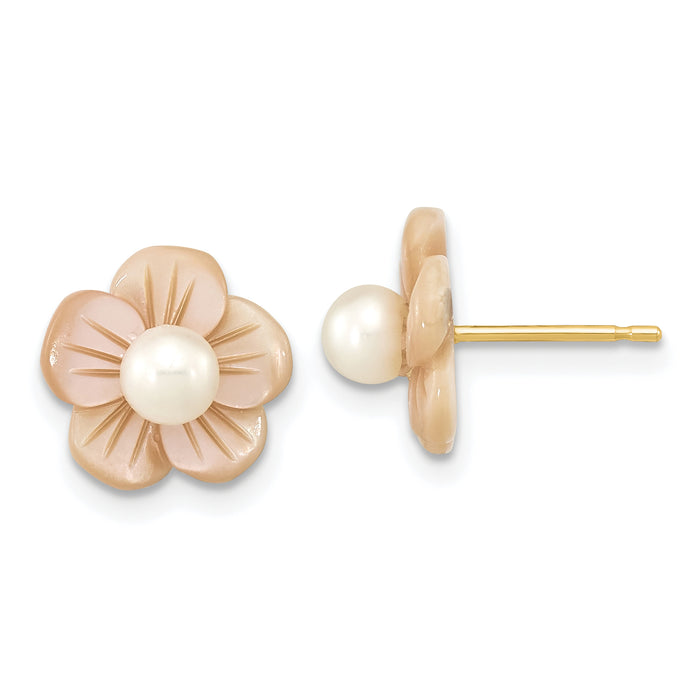 14K 3-4mm Round White FWC Pearl Pink MOP Flower Earrings-XF592EPWY