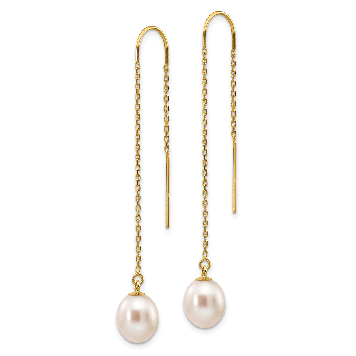 14k 7-8mm White Rice Freshwater Cultured Pearl Dangle Threader Earrings-XF593EW