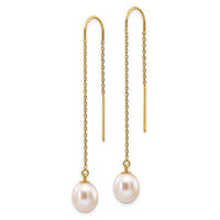 14k 7-8mm White Rice Freshwater Cultured Pearl Dangle Threader Earrings-XF593EW