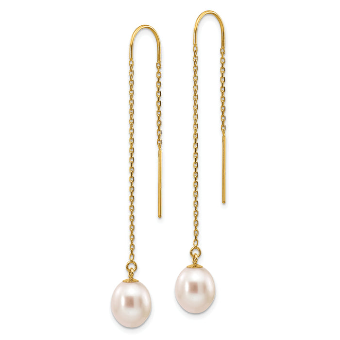 14k 7-8mm White Rice Freshwater Cultured Pearl Dangle Threader Earrings-XF593EW