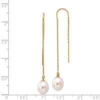 14k 7-8mm White Rice Freshwater Cultured Pearl Dangle Threader Earrings-XF593EW