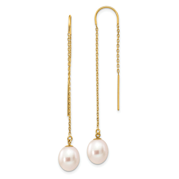 14k 7-8mm White Rice Freshwater Cultured Pearl Dangle Threader Earrings-XF593EW