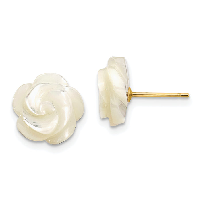 14k 10mm White Mother of Pearl Flower Design Post Stud Earrings-XF594EW
