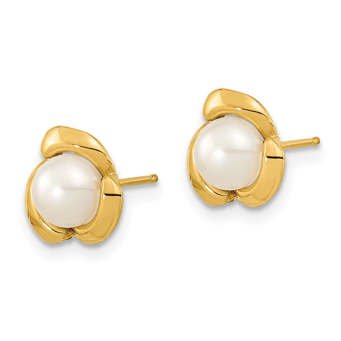 14k 5-6mm White Button Freshwater Cultured Pearl Post Earrings-XF609E