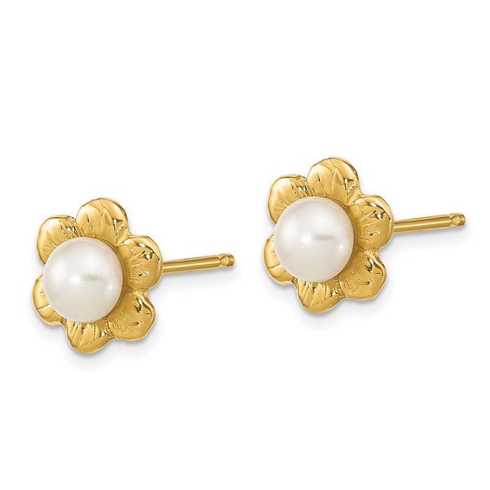 14k 3-4mm White Button Freshwater Cultured Pearl Post Earrings-XF617E