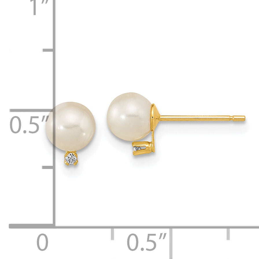 14k 5-5.5mm White Round Freshwater Cultured Pearl CZ Post Earrings-XF620E