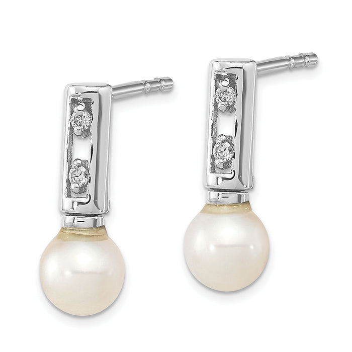 14k White Gold 3-4mm White Round FWC Pearl .02ct Diamond Earrings-XF637E