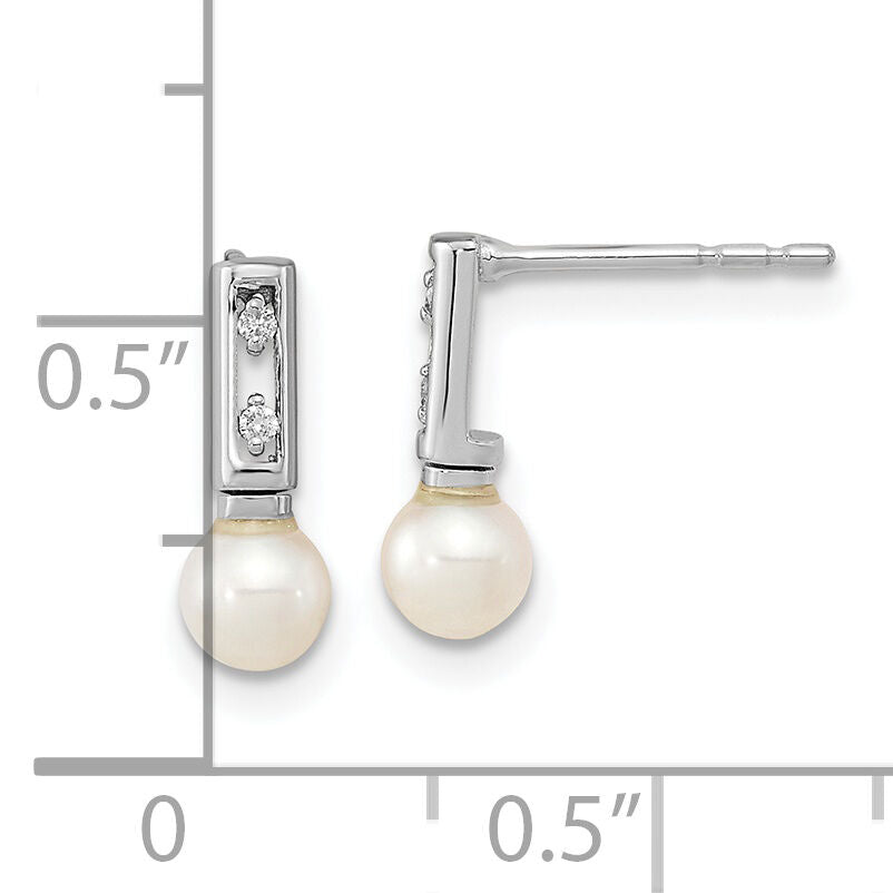 14k White Gold 3-4mm White Round FWC Pearl .02ct Diamond Earrings-XF637E