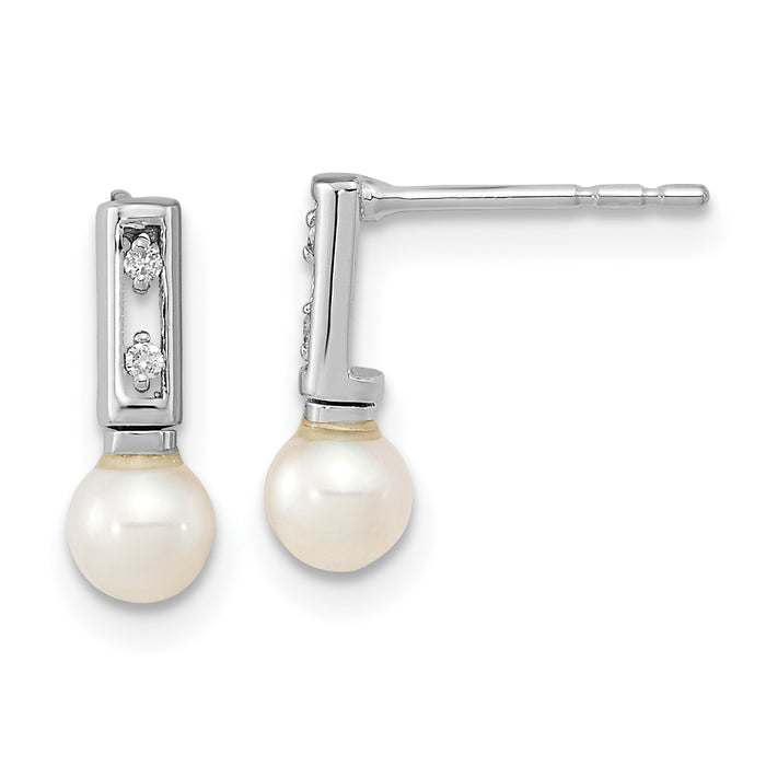 14k White Gold 3-4mm White Round FWC Pearl .02ct Diamond Earrings-XF637E