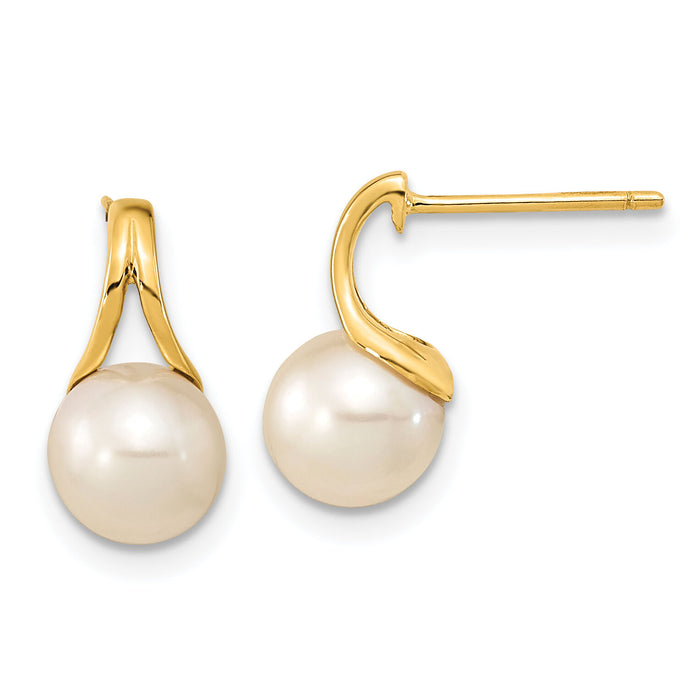 14K 7-8mm White Round Freshwater Cultured Pearl Post Earrings-XF640E