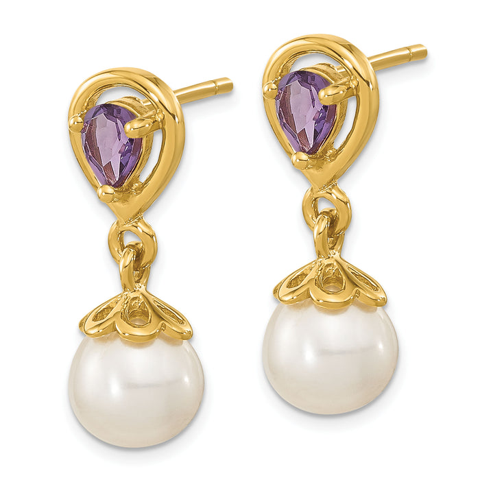 14K 6-7mm White Round FWC Pearl Amethyst Post Dangle Earrings-XF643AM