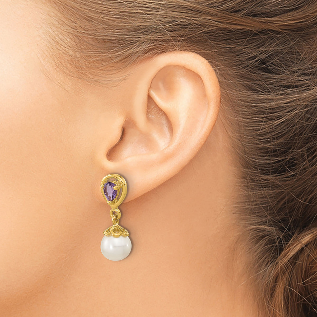 14K 6-7mm White Round FWC Pearl Amethyst Post Dangle Earrings-XF643AM