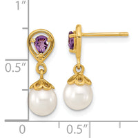 14K 6-7mm White Round FWC Pearl Amethyst Post Dangle Earrings-XF643AM