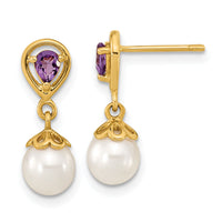 14K 6-7mm White Round FWC Pearl Amethyst Post Dangle Earrings-XF643AM