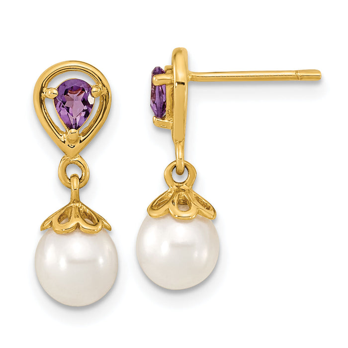 14K 6-7mm White Round FWC Pearl Amethyst Post Dangle Earrings-XF643AM