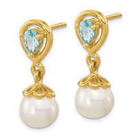 14K 6-7mm FWC Pearl Light Swiss Blue Topaz Dangle Post Earrings-XF643BT