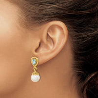 14K 6-7mm FWC Pearl Light Swiss Blue Topaz Dangle Post Earrings-XF643BT