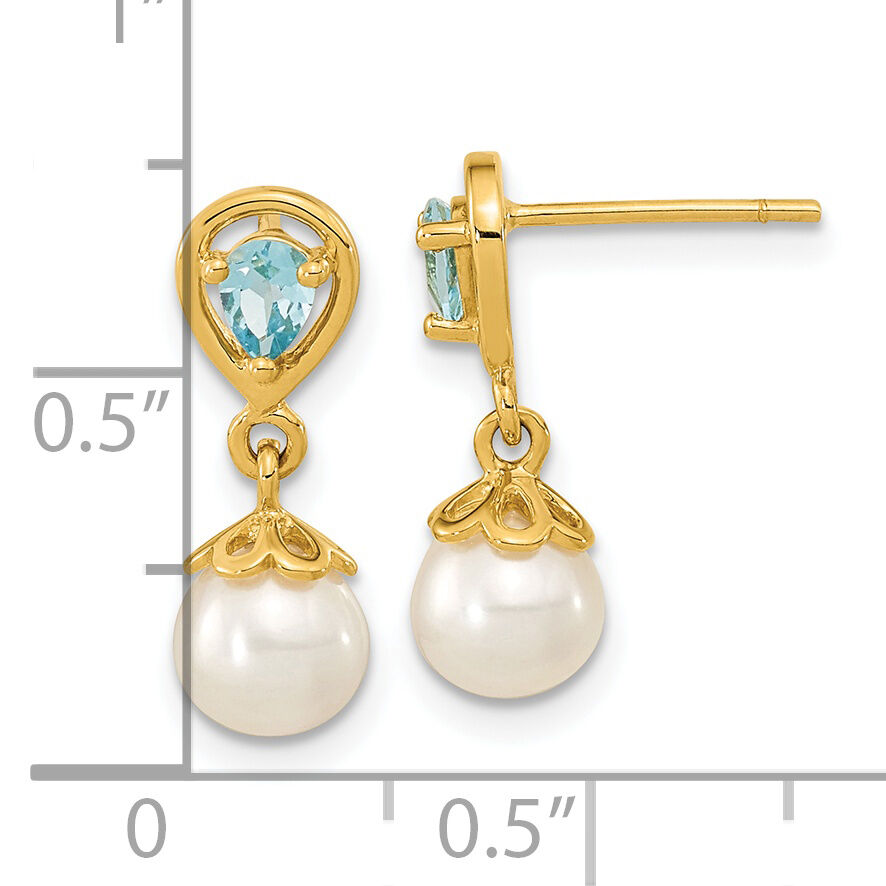 14K 6-7mm FWC Pearl Light Swiss Blue Topaz Dangle Post Earrings-XF643BT