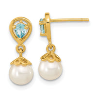 14K 6-7mm FWC Pearl Light Swiss Blue Topaz Dangle Post Earrings-XF643BT