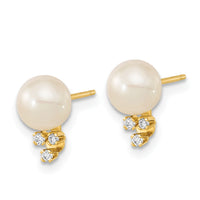 14k 6-7mm White Round Freshwater Cultured Pearl .06ct Diamond Post Earrings-XF647E