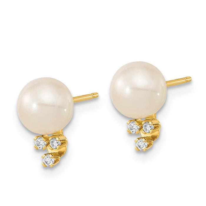 14k 6-7mm White Round Freshwater Cultured Pearl .06ct Diamond Post Earrings-XF647E
