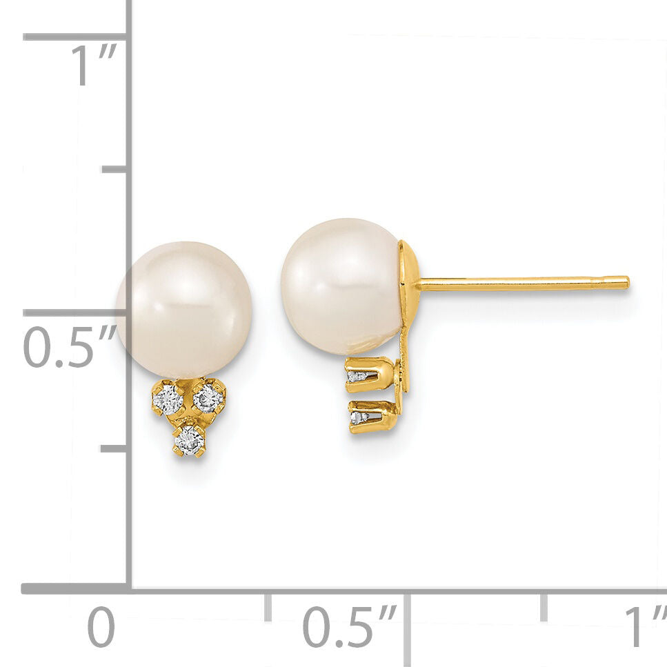 14k 6-7mm White Round Freshwater Cultured Pearl .06ct Diamond Post Earrings-XF647E