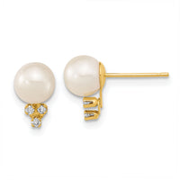 14k 6-7mm White Round Freshwater Cultured Pearl .06ct Diamond Post Earrings-XF647E