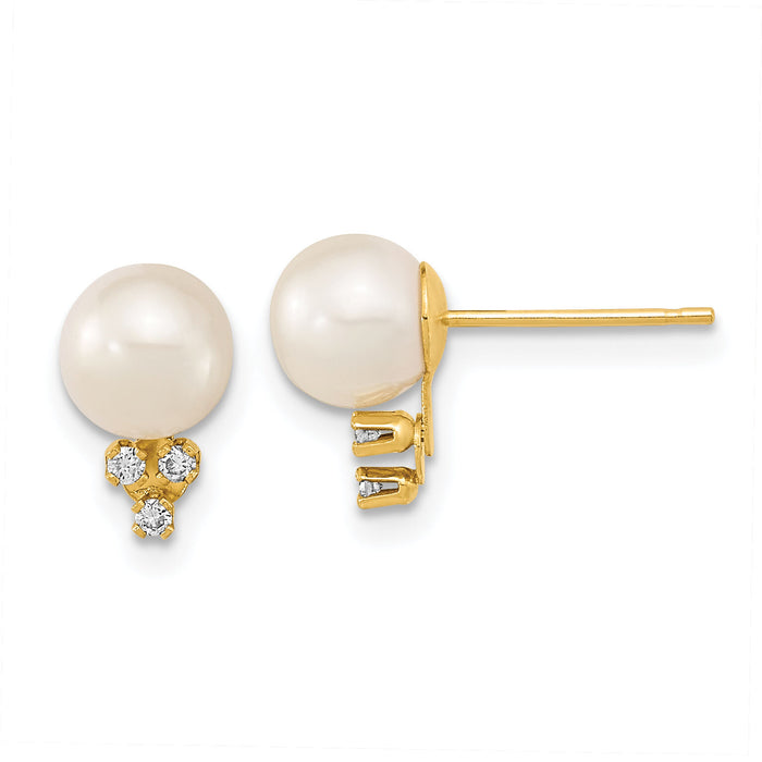 14k 6-7mm White Round Freshwater Cultured Pearl .06ct Diamond Post Earrings-XF647E