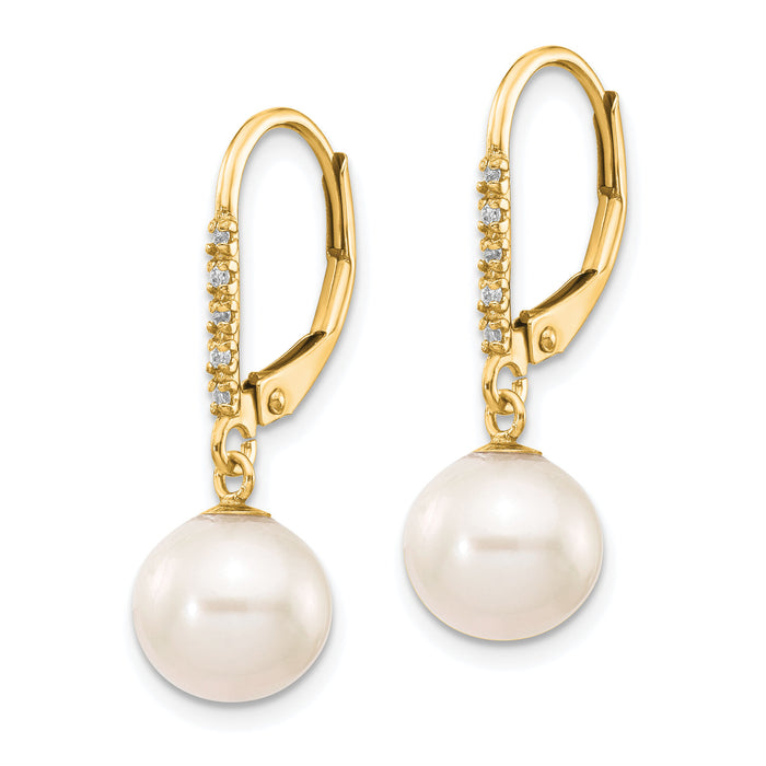 14k 8-9mm White Round FWC Pearl .05ct Diamond Leverback Earrings-XF649E