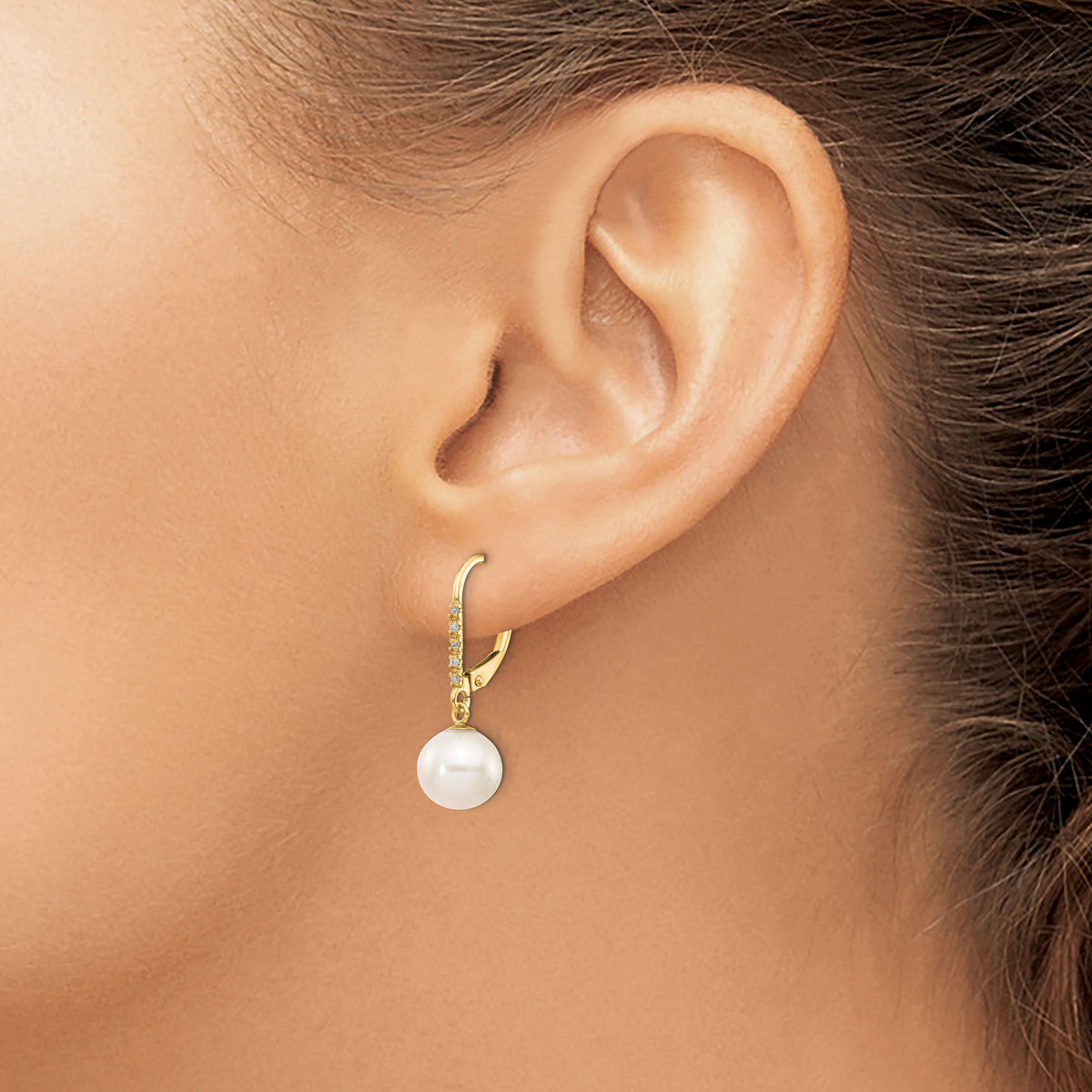 14k 8-9mm White Round FWC Pearl .05ct Diamond Leverback Earrings-XF649E