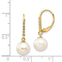 14k 8-9mm White Round FWC Pearl .05ct Diamond Leverback Earrings-XF649E