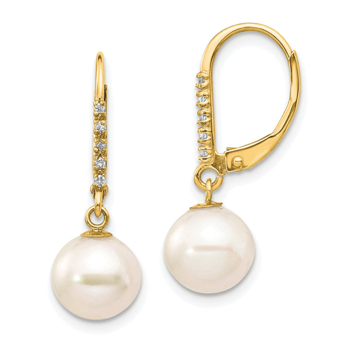 14k 8-9mm White Round FWC Pearl .05ct Diamond Leverback Earrings-XF649E