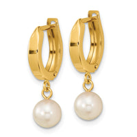 14k 6-7mm White Round Akoya Saltwater Cultured Pearl Hoop Dangle Earrings-XF650E