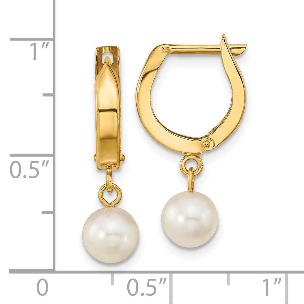 14k 6-7mm White Round Akoya Saltwater Cultured Pearl Hoop Dangle Earrings-XF650E