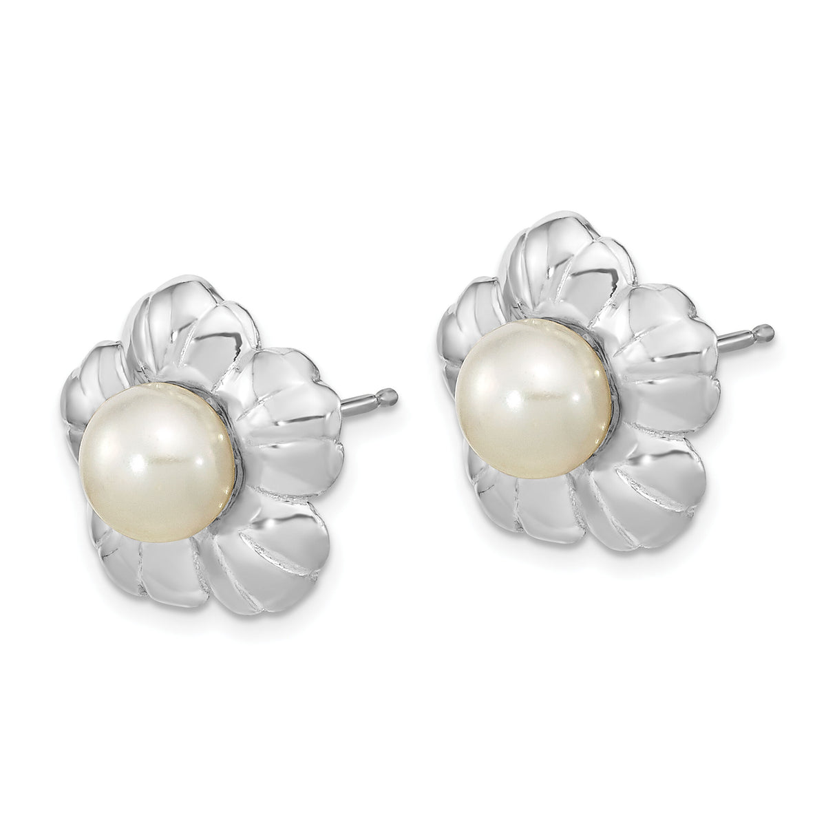 14k White Gold 5-6mm White Button FWC Pearl Flower Post Earrings-XF651E
