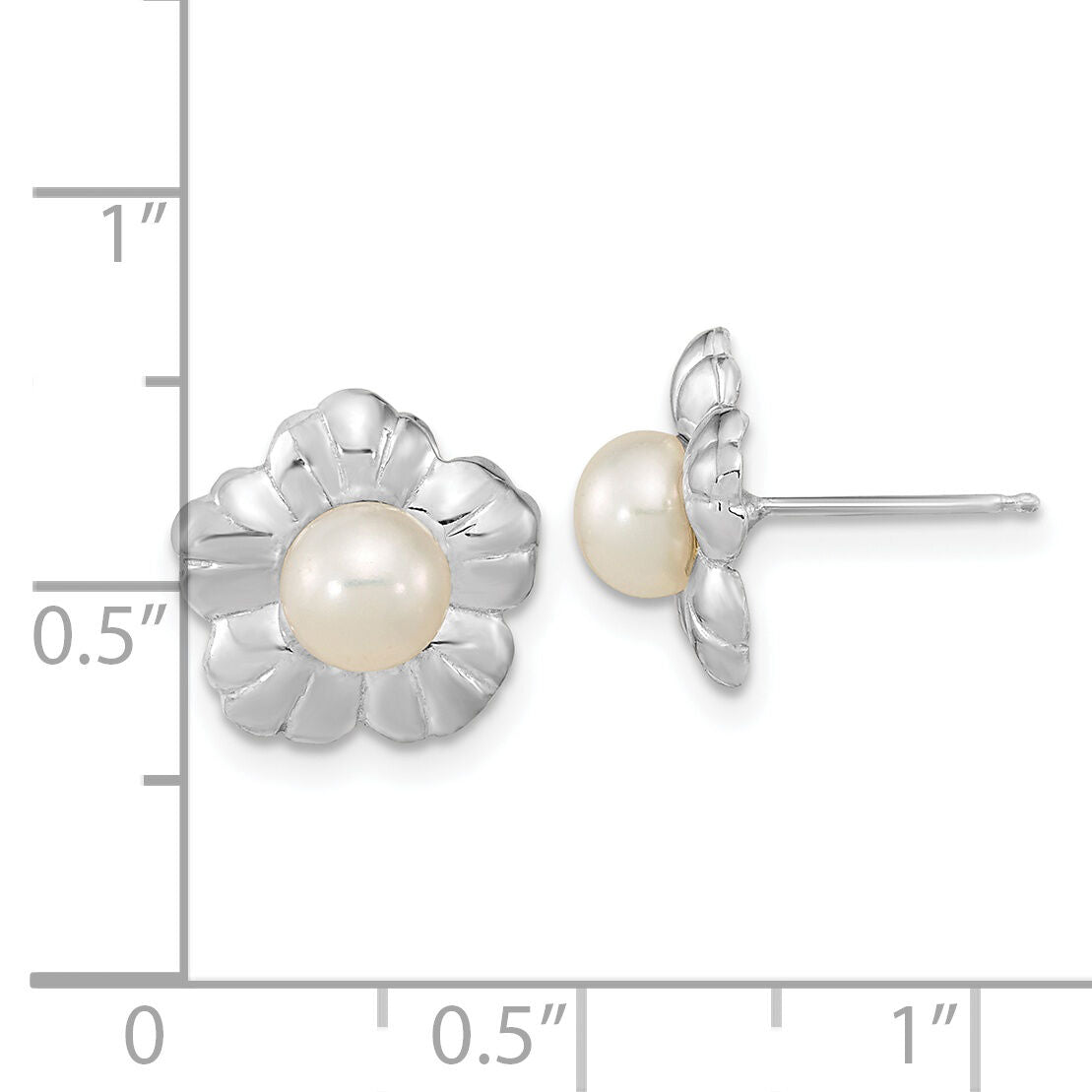 14k White Gold 5-6mm White Button FWC Pearl Flower Post Earrings-XF651E